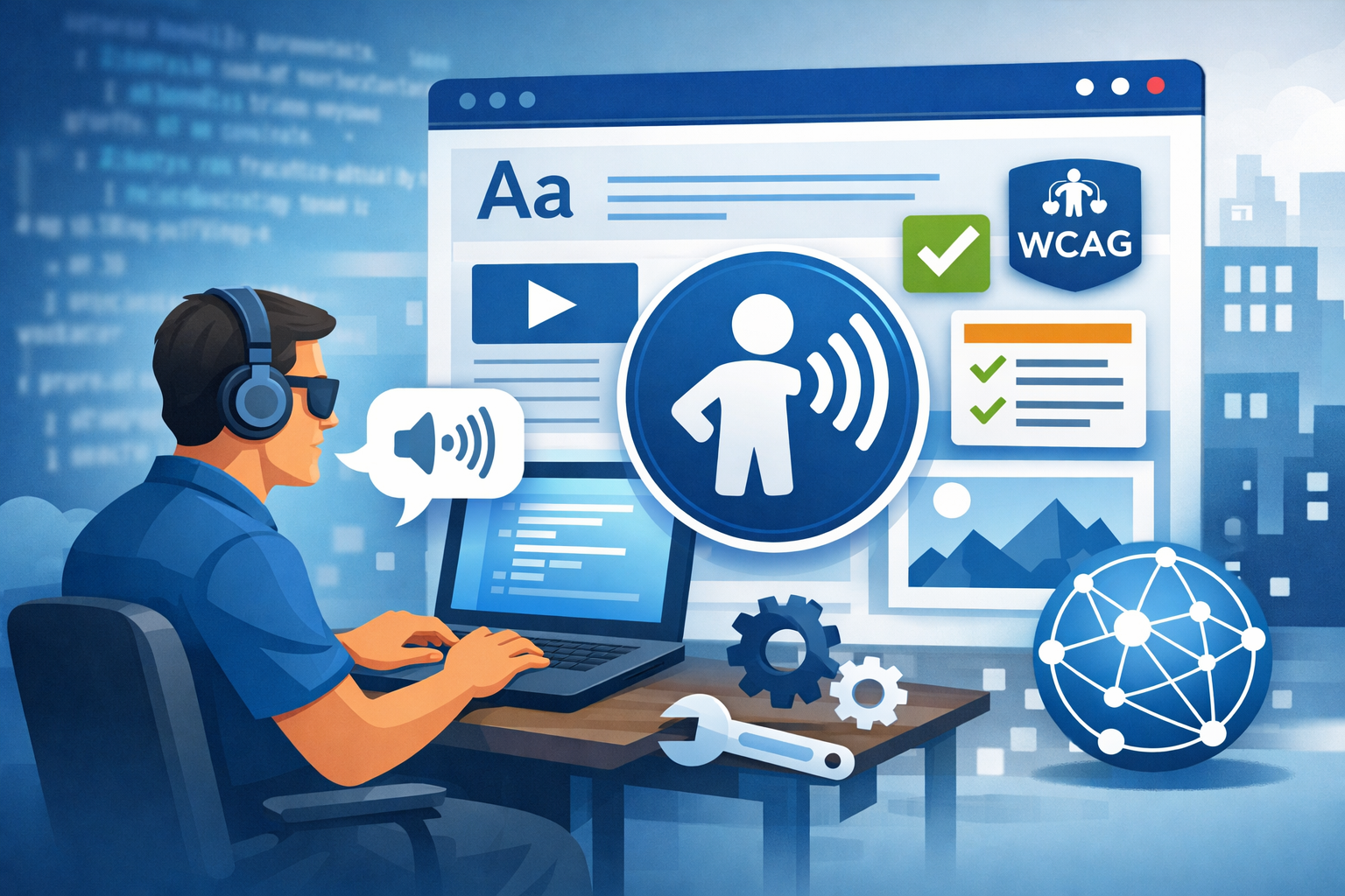 Illustration zur Barrierefreiheit im Internet: Nutzer verwendet einen Screenreader zur barrierefreien Website-Navigation